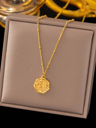 1 件简约复古风格桃花圆形吊坠项链，不锈钢，适合日常佩戴