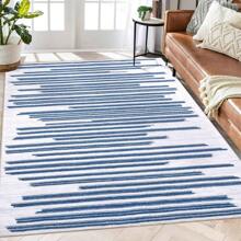 Washable Living Room Area Rug Indoor Modern Abstract Rugs Soft Non Slip Large Rugs For Bedroom Dining Room Low Pile Geometric Throw Carpet Rug Foldable Thin Rug With Stripped Lines Pattern Non Shedding Home Decor Mat For Laundry Bathroom Contemporary Kitchen Rugs - Blue - View 4