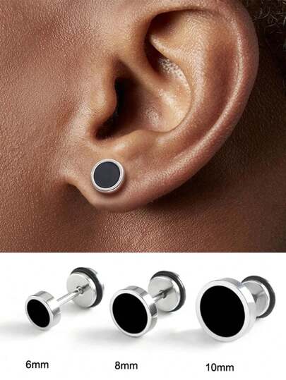 1 Pair Men's Earrings Titanium Steel Round Black Oil Drip Stud Earrings For Men Fashion Stainless Steel Punk Jewelry Accessories