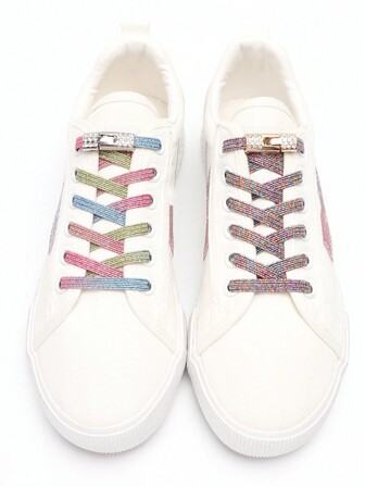 1 Pair Rhombic Rhinestone Buckle Elastic No Tie Shoelaces, Wide Fit For Sneakers & Canvas Shoes, White,Basketball Shoes,Trainers Running Shoes Summer