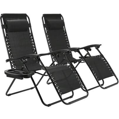 2 Piece Sun Lounger Set, Folding Recliner Chair With Adjustable Head Cushion & Backrest, Recliner For Lunch Break With Cup Holder, Ergonomic And Breathable
