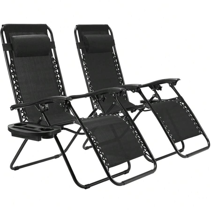 2 Piece Sun Lounger Set, Folding Recliner Chair With Adjustable Head Cushion & Backrest, Recliner For Lunch Break With Cup Holder, Ergonomic And Breathable - Black - View 1