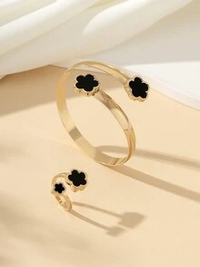 1入組女士梅花鑲嵌開口戒指,和5瓣花鑲嵌開口手環套裝 - 墨綠色 - 查看 4