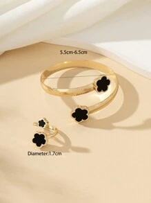 1入組女士梅花鑲嵌開口戒指,和5瓣花鑲嵌開口手環套裝 - 墨綠色 - 查看 3