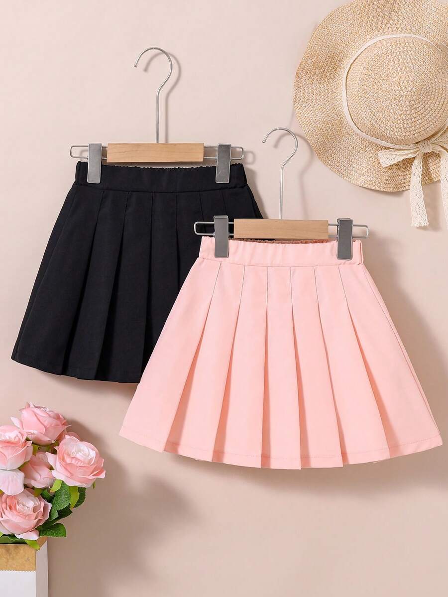 Conjunto de falda plisada de 2 piezas de color sólido para niña - Multicolor - Ver 1