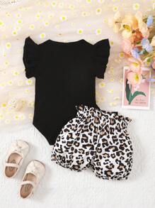 Baby Girls' Fashionable Ruffle Armhole Bodysuit And Leopard Shorts Set