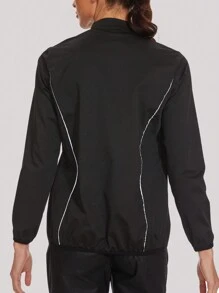 1 件银色拉链长袖撞色条纹运动夹克，健身、户外、减肥、塑身 - 黑色 - 查看 2