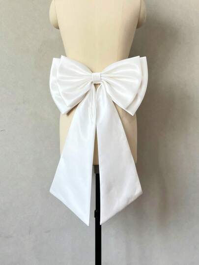 1pc White Satin Double-Layered Bowknot With 55cm Long Black Ribbon For Waist Decoration Valentine's Day