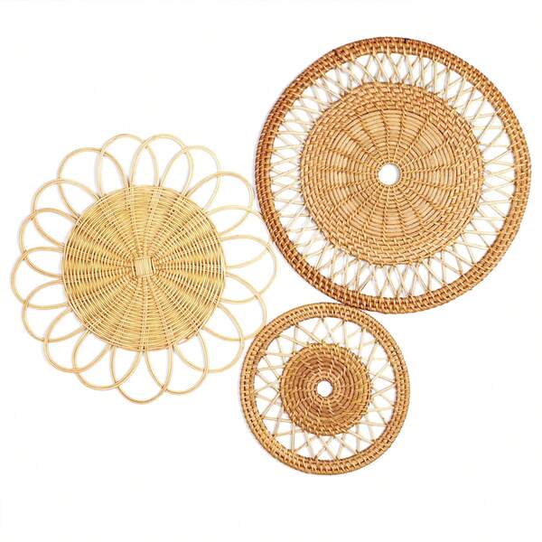 Meching Flat Woven Baskets Great For Boho Rattan Wall Decor- 7.9"-13.4" Decorative Hanging Wall Basket Set 100% Handmade And ,The Actual Object Shall Prevail