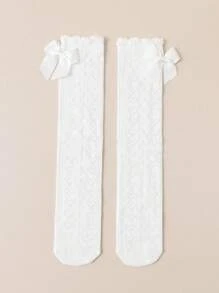 1對兒童長筒直筒襪子,帶有3d花紋和蝴蝶結裝飾 - 白色 - 查看 3