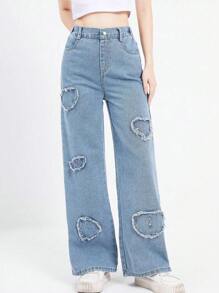 青少女藍色直筒休閒長牛仔褲，帶有心形裝飾 - 藍色 - 查看 4