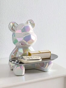 1 pieza Estatua de oso de cerámica con baño abstracto y bandeja organizadora, se puede usar como bandeja de almacenamiento para llaves, cosméticos y como alcancía, también como decoración para estantería. Mejor - Blanco - Ver 2