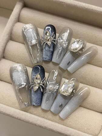 10Pcs Black Spider Style Heavy Duty Handmade Press-On Nail Press-On Nails With Detachable And Reusable False Nails, Including 1Pc Jelly Glue And 2Pcs Nail File Nail Supplies Nails