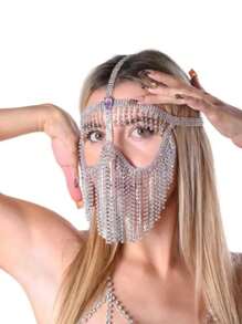 Cuier 1PC Crystal Rhinestone Mask For Women Long Fringe Head Face Chain Headpiece Jewelry For Party - Crystal Gold - View 5
