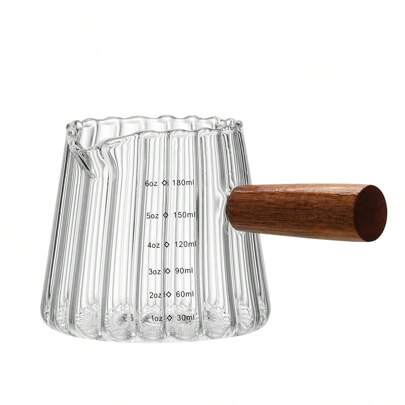 1pc 6oz Glass Milk Frothing Pitcher With Wooden Handle, Measuring Cup, Vertical Stripe Creamer For Coffee Latte Cappuccino, Mini Milk Jug Cup School Supplies Back To School