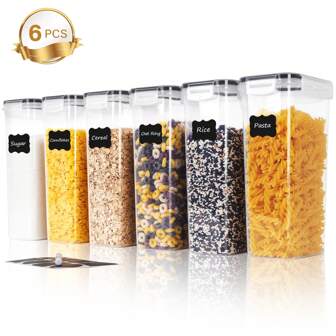 THELIFE Set van 3/6 luchtdichte pastacontainers met deksels, grote 2,4 liter plastic voedselcontainers met labels en markers voor bloem, suiker, noedels en droog voedsel in de keukenkast.