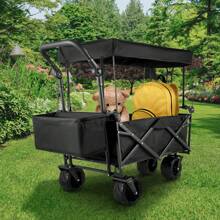 SKYSHALO Collapsible Garden Cart W/ Removable 600D Oxford Canopy, Extra Large Folding Utility Wagon Carts 220lbs Load W/ 7" Wheels, Heavy Duty Outdoor All Terrain Beach Wagon For Camping, Shopping, Picnic, Sports