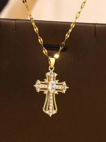 1 pieza Colgante de cruz de lujo con incrustaciones de circonita de aleación de cobre hecho a mano con cadena de labio de acero inoxidable, regalo de joyería religiosa, esencial para el transporte diario de las mujeres