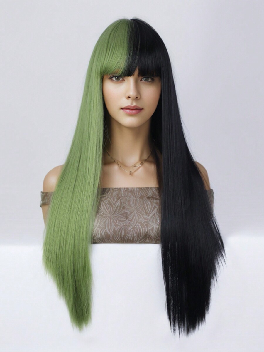 Half Black Half Green Wig Long Straight Hair With Bangs Cosplay Natural