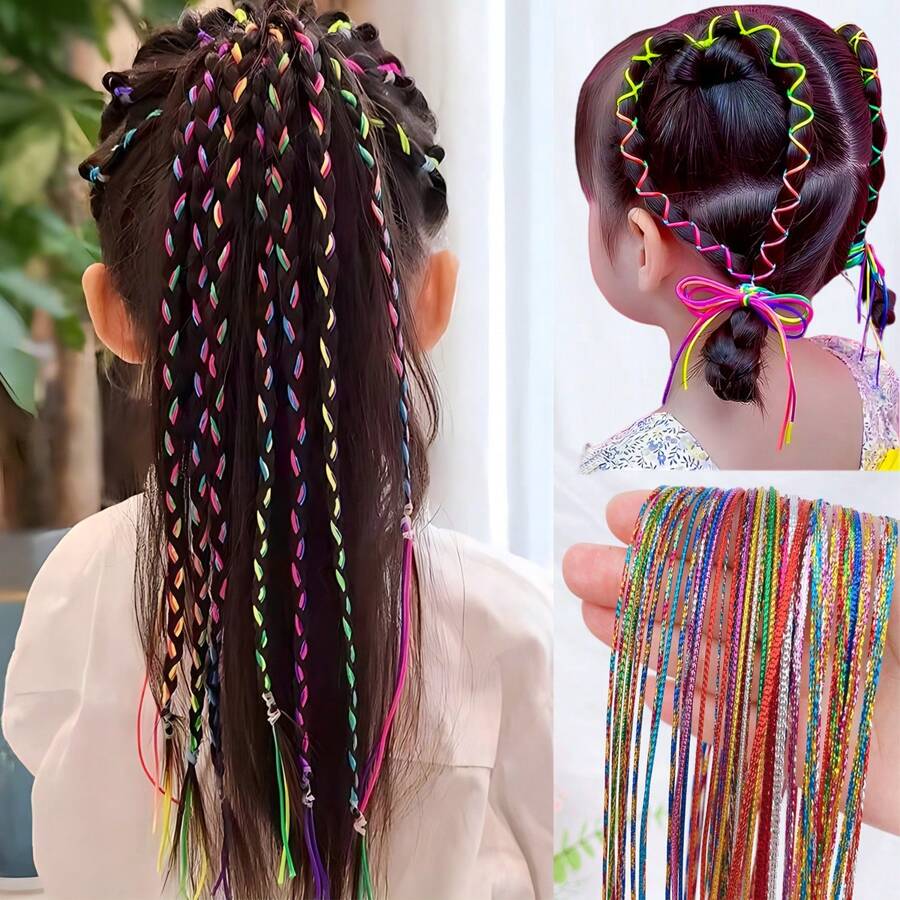 [ 110 件套 ] 10 件儿童编织彩色绳、女孩编织头带、辫子头带、节日表演彩色头带、100 个小橡皮筋 - 彩色 - 查看 1