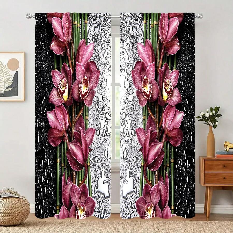 2入組花卉圖案遮光窗簾，現代簡約時尚窗簾，適用於學習室、臥室、廚房、客廳、娛樂室、辦公室、庭院、家居裝飾 - 黑紅 - 查看 1