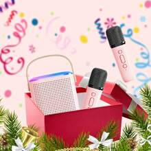 迷你兒童卡拉ok機,帶有led燈光的可攜式扬聲器,配有無線麥克風,適合女孩和男孩生日禮物（粉色2麥克風） - 粉色 - 查看 3