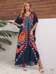 Kimono Largo Estampado De Mariposa Para Mujeres, Kimono De Pull - up Con Mangas De Murciélago Abiertas Y Sueltas - Negro - Ver 6