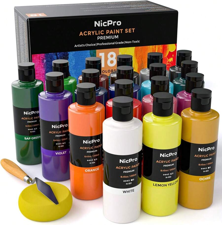 Nicpro 18 Colors Large Acrylic Paint Set, 8.45 Fl Oz./ 250 Ml Artist Painting Supplies Bulk For Multi Surface Canvas, Wood, Fabric, Leather, Cardboard, Paper, Crafts, Hobby With Color Wheel - Nhiều màu - Xem 1