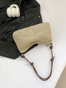 1個手工編織的拼接草編拉鍊手袋，夏季女性手袋，大容量手提袋，是沙灘、夏季女士手袋的理想之選，非常適合旅行、度假和海灘 - 棕色 - 查看 7