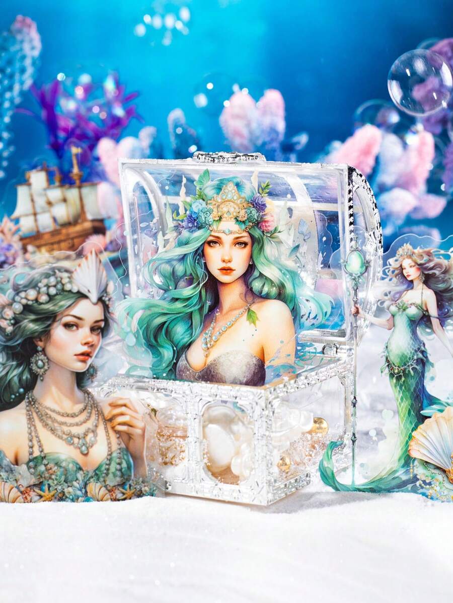 1 Pack Ocean's Series Sticker Set, Blue Sea-Themed Character Planner Stickers, Unique Material Decals - Green Hair Mermaid - View 1