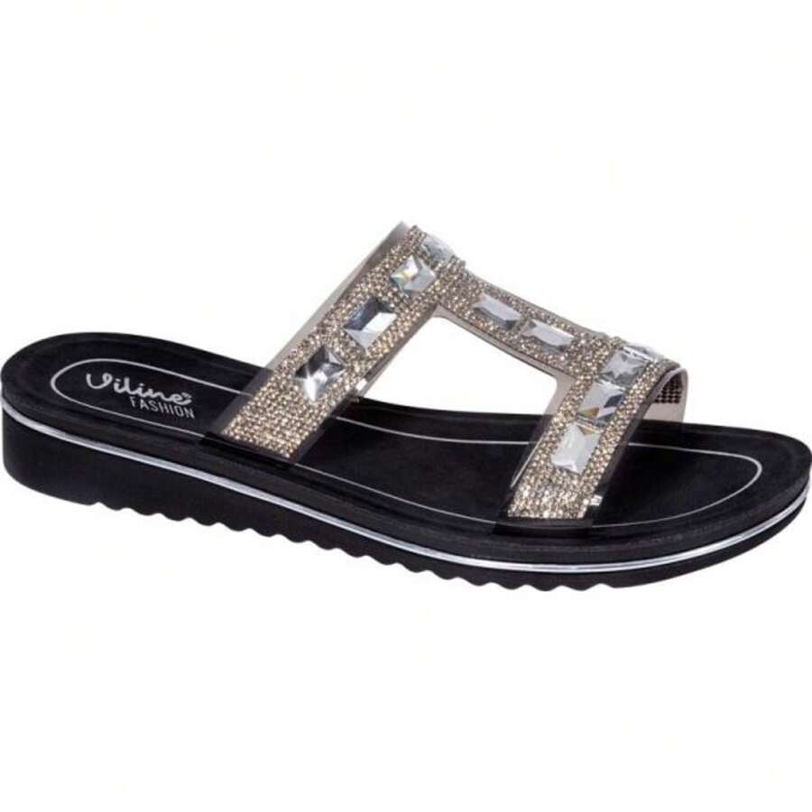 Sandalia para mujer  color negro plana y con piedras 1114626 - Negro - Ver 1