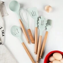 Kitchen Cooking Utensils Set, 12pcs Non-Stick Silicone Spatula Set With Holder, Woodle Handle Heat Resistant Gadgets Utensil(Green) - Mint Green - View 9