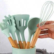 Kitchen Cooking Utensils Set, 12pcs Non-Stick Silicone Spatula Set With Holder, Woodle Handle Heat Resistant Gadgets Utensil(Green) - Mint Green - View 8