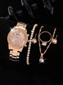 1 pieza Reloj de cuarzo con correa de acero inoxidable y 3 ojos llenos de diamantes sintéticos para mujer, talla grande 5 piezas de set de joyería con diamantes sintéticos, regalo para estudiantes que regresan a la escuela - Oro rosa - Ver 2