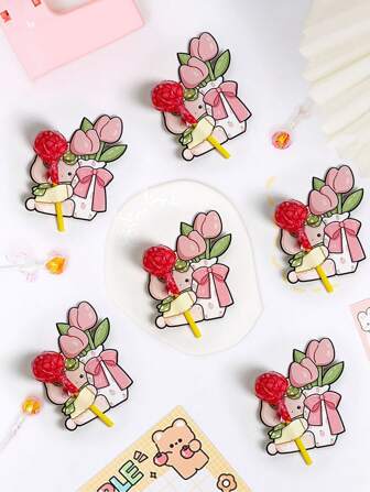 20pcs Cartoon Bunny Flower Stick Candy Decorative Paper Cards Back To School Valentine Day