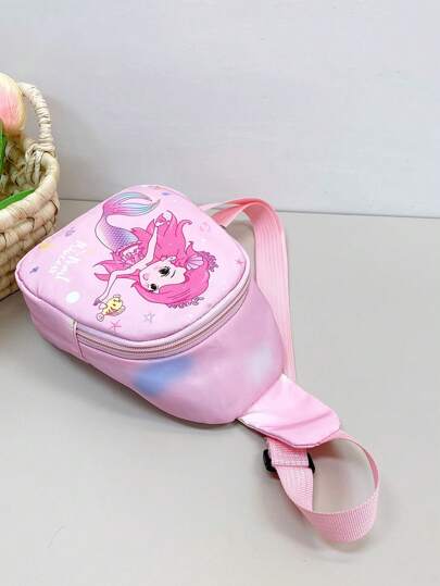 1pc Young Girl Nylon Cartoon Mermaid Mini Crossbody Chest Bag With Zipper Closure, Suitable For Daily Use