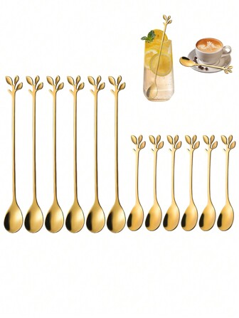 1/6pcs Creative Stainless Steel Long/Short Handled Leaf Shaped Coffee Stirring Spoon, Dessert Spoon, Suitable For Kitchen, Restaurant, Afternoon Tea, Wedding And Party Spoons,Kitchen,Christmas Gift