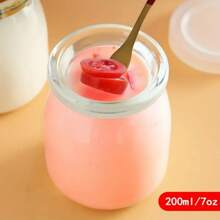 3pcs Glass Yogurt Container, Dessert Yogurt Jars With Lid, Pudding Container, Heat-Resistant Glass And Plastic Lid, Kitchen Tool, Kitchen Supply, Kitchen Accessory, Home Kitchenware