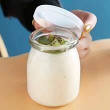 3pcs Glass Yogurt Container, Dessert Yogurt Jars With Lid, Pudding Container, Heat-Resistant Glass And Plastic Lid, Kitchen Tool, Kitchen Supply, Kitchen Accessory, Home Kitchenware