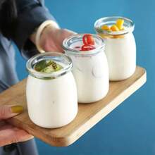 3pcs Glass Yogurt Container, Dessert Yogurt Jars With Lid, Pudding Container, Heat-Resistant Glass And Plastic Lid, Kitchen Tool, Kitchen Supply, Kitchen Accessory, Home Kitchenware