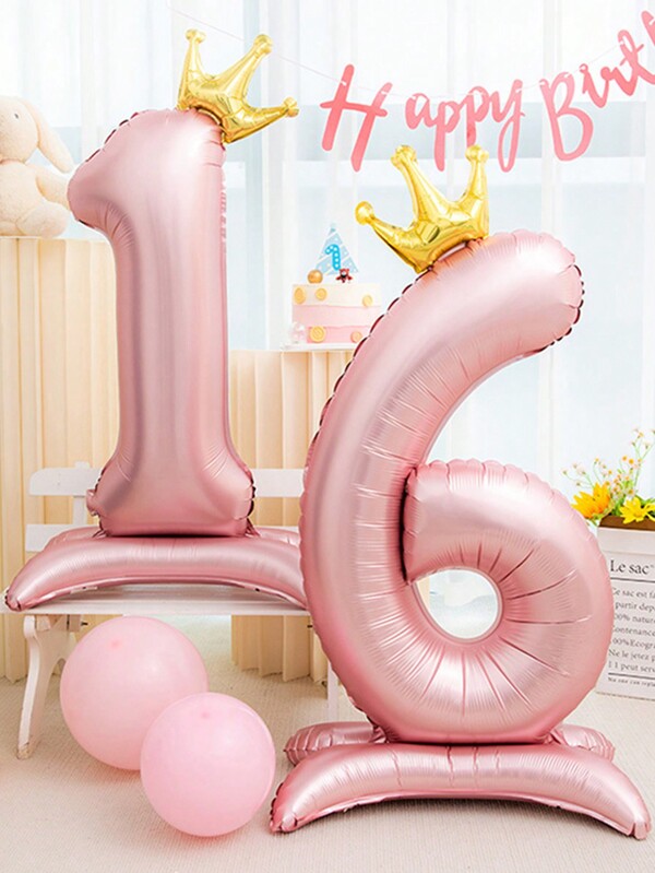 1pc Stand Up Pink Crown Number Balloon 42 Inch Aluminum Foil Balloon For Birthday Or Anniversary Decoration, Christmas