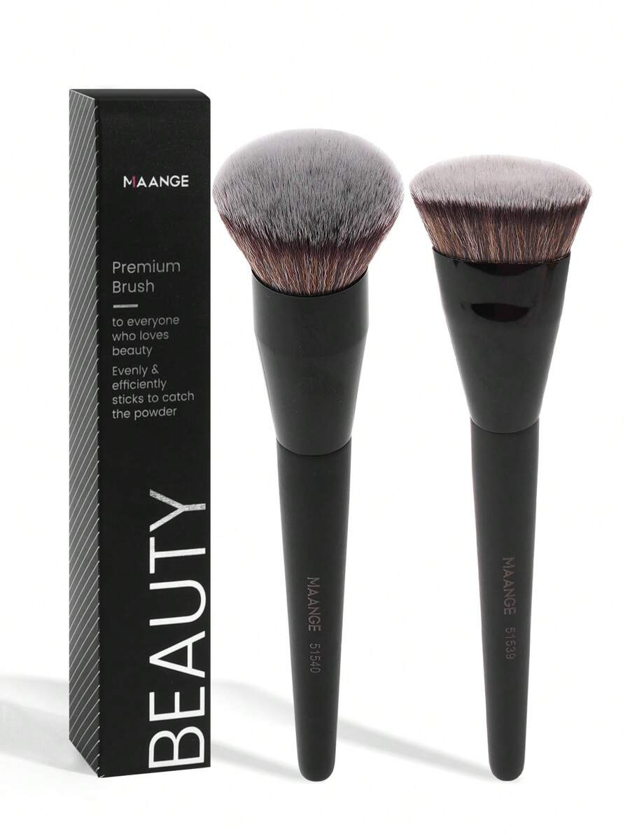 MAANGE 2pcs Professional Facial Makeup Brush Set,Makeup Tools With Soft Fiber For Easy Carrying,Foundation Brush,Powder Brush,Blush Brush,Brush Set For Travel - 黑色 - 查看 1