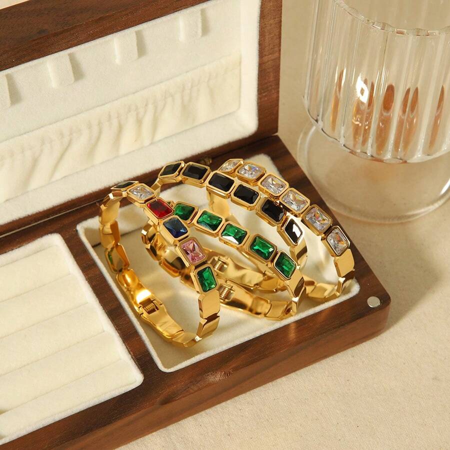 1 chiếc vòng tay/dây đeo bằng thép không gỉ mạ vàng 18K đính đá Zirconia - Một phụ kiện tinh tế và sang trọng, phù hợp cho công sở, hẹn hò và tiệc tùng. - Vàng - Xem 1