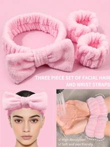 3pcs Set Coral Fleece Christmas Bow Headband, Facial Mask Headband, Wrist Wrap - Pink - Pink - View 1