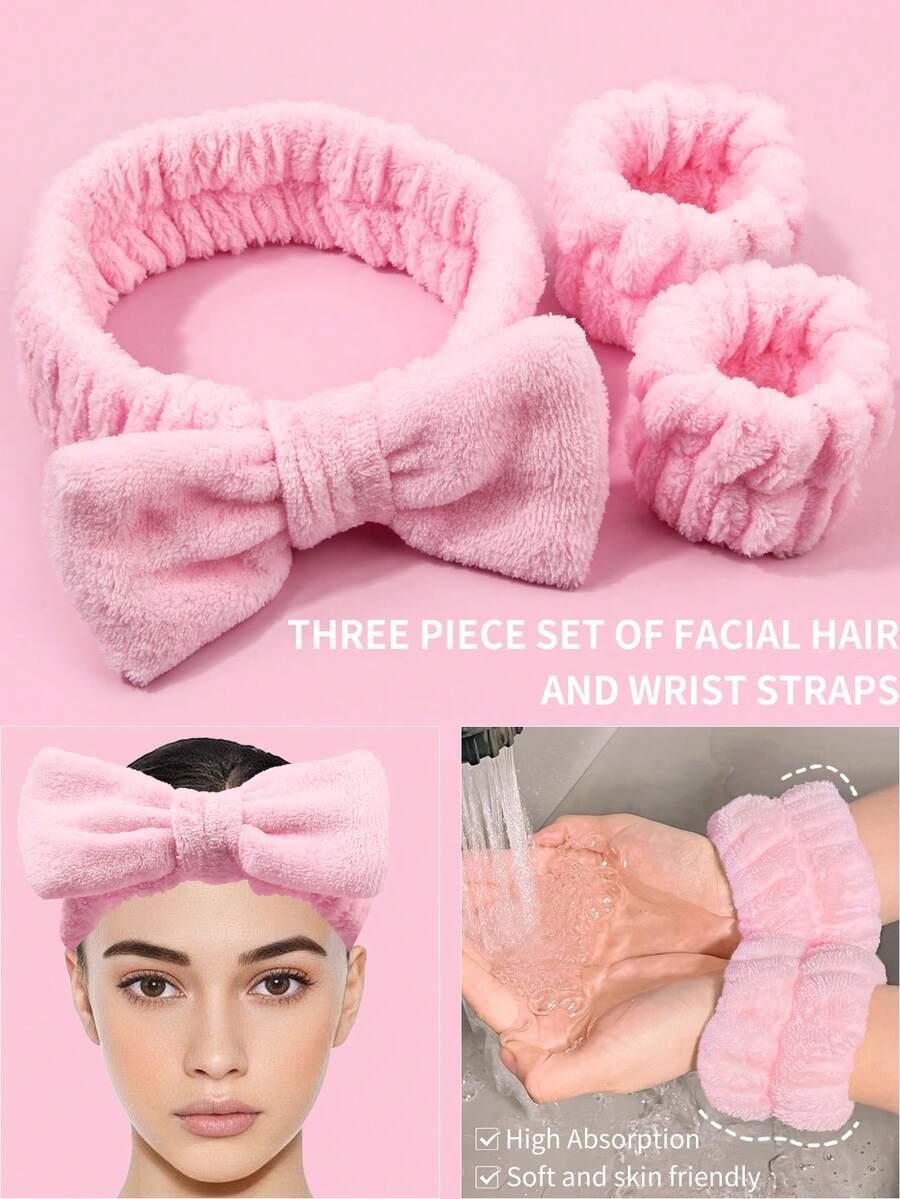 3pcs Set Coral Fleece Christmas Bow Headband, Facial Mask Headband, Wrist Wrap - Pink - Pink - View 1