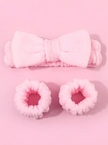 3pcs Set Coral Fleece Christmas Bow Headband, Facial Mask Headband, Wrist Wrap - Pink - Pink - View 7