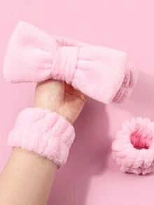 3pcs Set Coral Fleece Christmas Bow Headband, Facial Mask Headband, Wrist Wrap - Pink - Pink - View 5