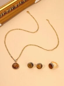 1 Conjunto De Joyas De Ojo De Tigre Incrustado En Cobre Con Diseño De Corona Para Hombres O Mujeres, Que Incluye Collar, Aretes Y Anillo Con Tamaño De Anillo Ajustable Y Collar De Acero De Titanio, Adecuado Para Regalos.