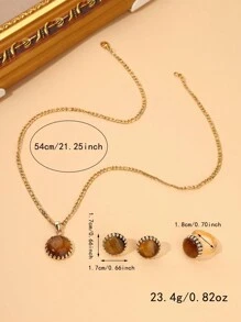 1 Conjunto De Joyas De Ojo De Tigre Incrustado En Cobre Con Diseño De Corona Para Hombres O Mujeres, Que Incluye Collar, Aretes Y Anillo Con Tamaño De Anillo Ajustable Y Collar De Acero De Titanio, Adecuado Para Regalos.