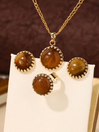 1set Men's Or Women's Crown Design Copper Inlaid Tiger's Eye Jewelry Set Including Necklace, Earrings, And Ring With Adjustable Ring Size And Titanium Steel Necklace, Suitable For Gifts